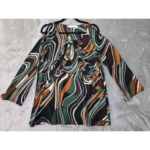Intrend Womens Abstract Print Cold Shoulder Tunic Blouse L Green Brown RuffleTop